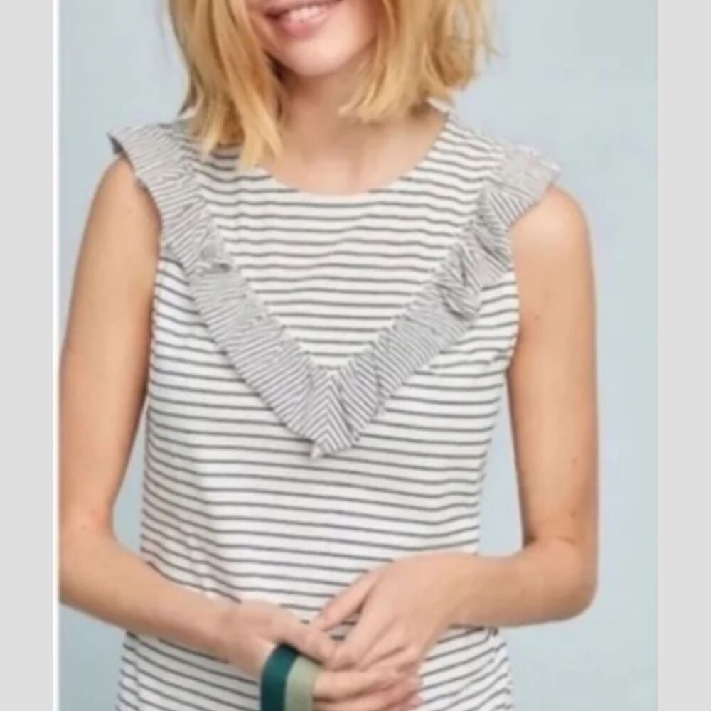 Anthropologie Maeve Kalama Ruffle Atriped White and Black Top SIze S